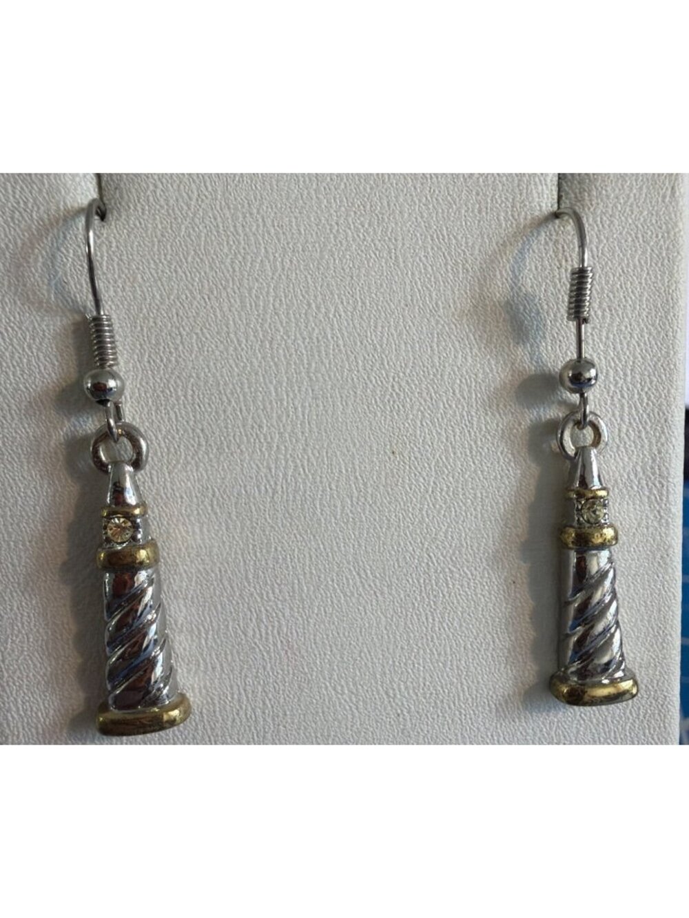 Silver Gold Tone Lighthouse Drop Earrings Clear Rhinestone Hooks Beach 1.5"